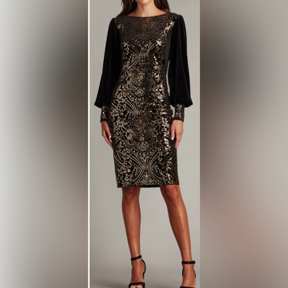 tadashi shoji black and gold dress Tadashi Shoji Women's Nayana Embroidered Crepe Gown - Black main image 0